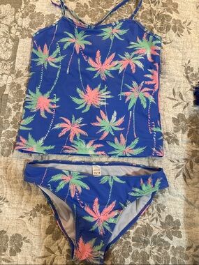 Girls Blue Palm Print Tankini Set